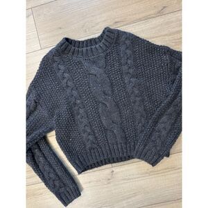 Elodie Women's Knit Sweater Open Weave Black Gray Comfy Cable Chunky Small S